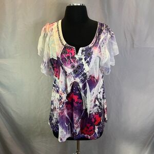 One World Live And Let Live Blouse Top Womens 1X Multi Butterfly Print Pullover